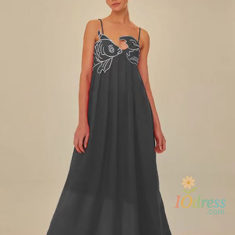 IO Dress 3D Fish Shaped Embroidery Pleated Sling Dress Women Spring Strapless Hollow Party Long Dress Summer Backless Side Zip Boho Dress