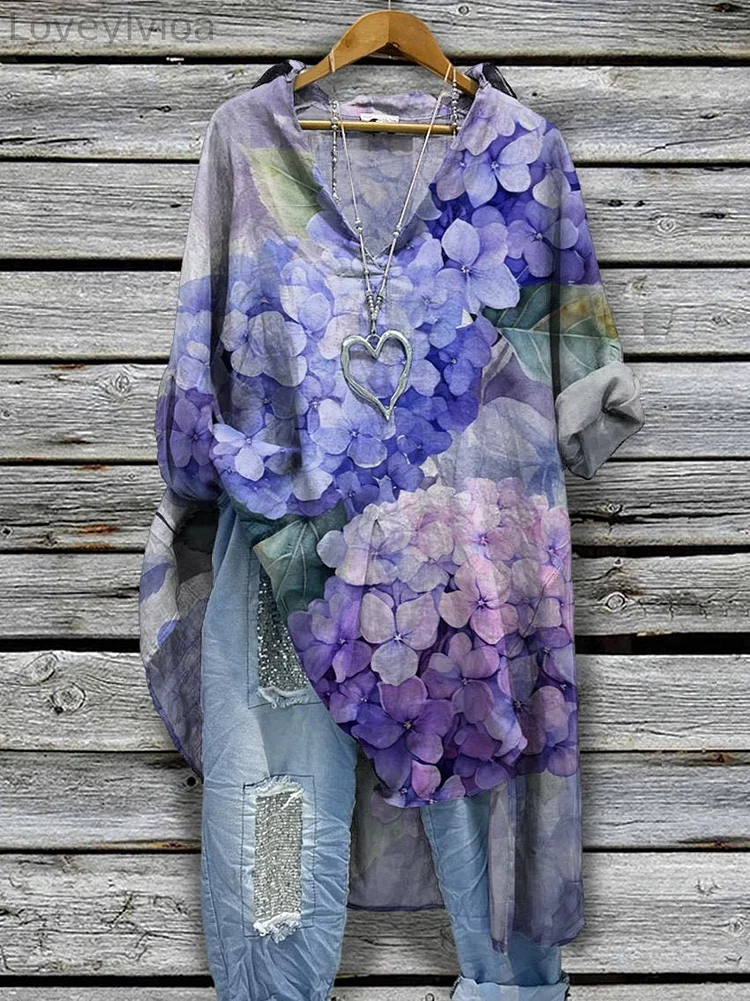Women‘s Hydrangeas Flower Print Casual Cotton And Linen Shirtdress
