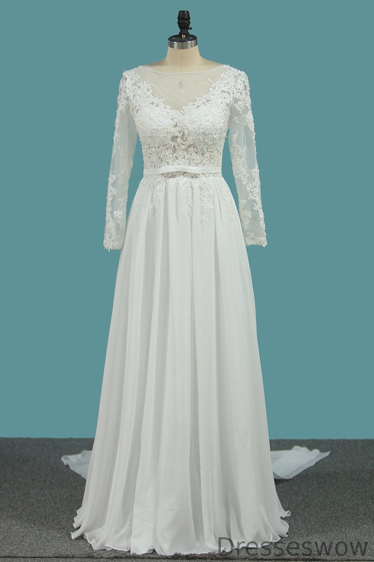 Dresseswow Long Sleeves Bateau Chiffon Long Wedding Dresses With Ruffles