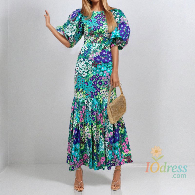 IO Dress Fashion Print Dress For Women Casual O-Neck Puff Sleeve High Waist Dresses Robe Femme Elegant Party Womens Clothing Summer New IO Dress