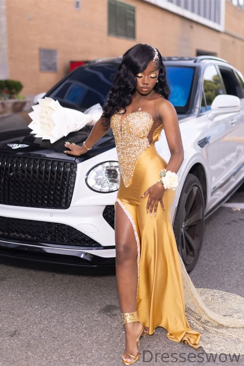 Dresseswow Gold Sweetheart Sleeveless Mermaid Prom Dress Slit With Crystals