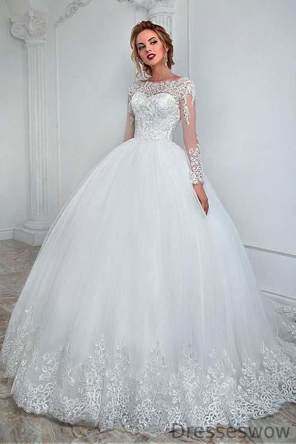 Dresseswow Ball Gown Long Sleeves Jewel Wedding Dresses With Lace Appliques