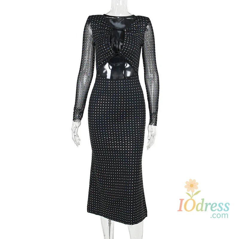 IO Dress Autumn Winter Sequins Hollow Out Sexy Party Club Maxi Dress Outfits for Women Mesh Long Sleeve Lace Up Bodycon Dresses Vestido