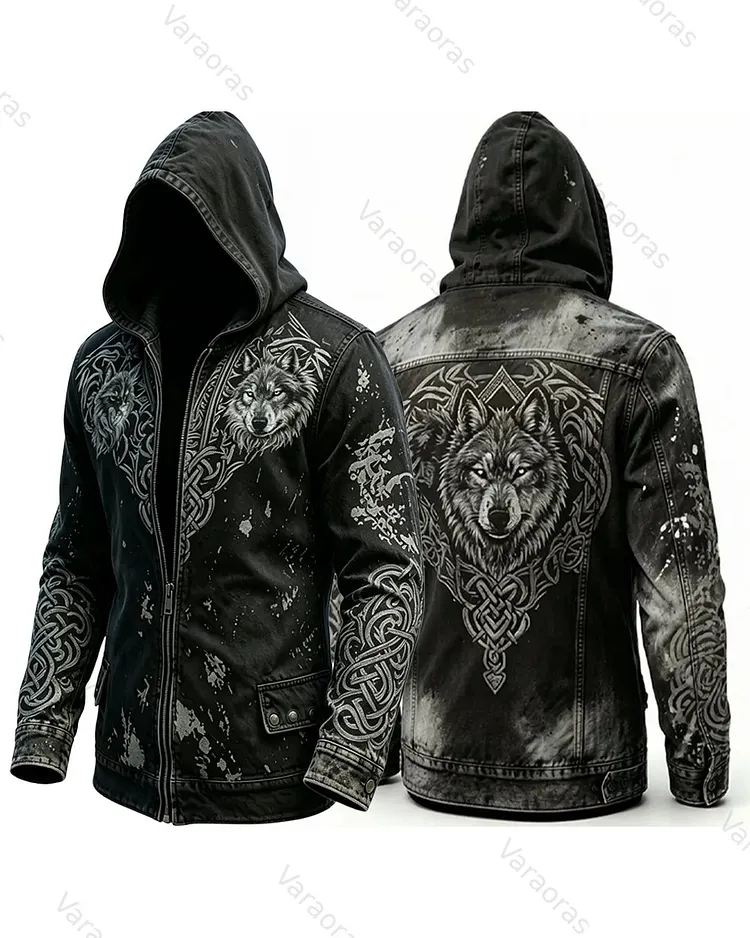 Men's Retro Fashion Viking Wolf Print cowboy Hooded Zip-Up Jacket  5724