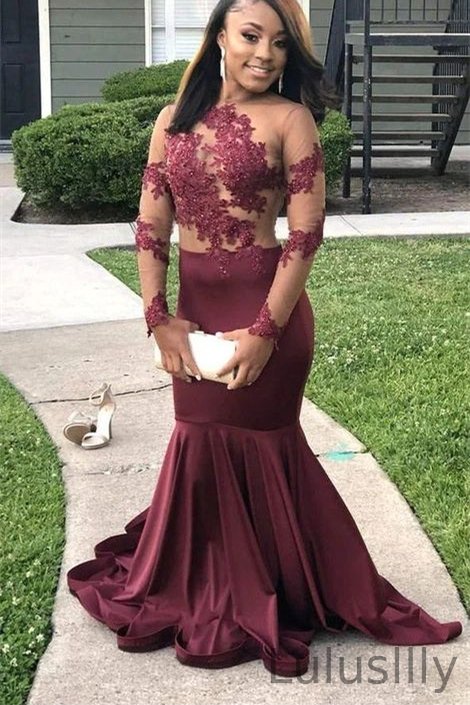Fabulous Burgundy Long Sleeves Prom Dress Mermaid With Lace Appliques - lulusllly