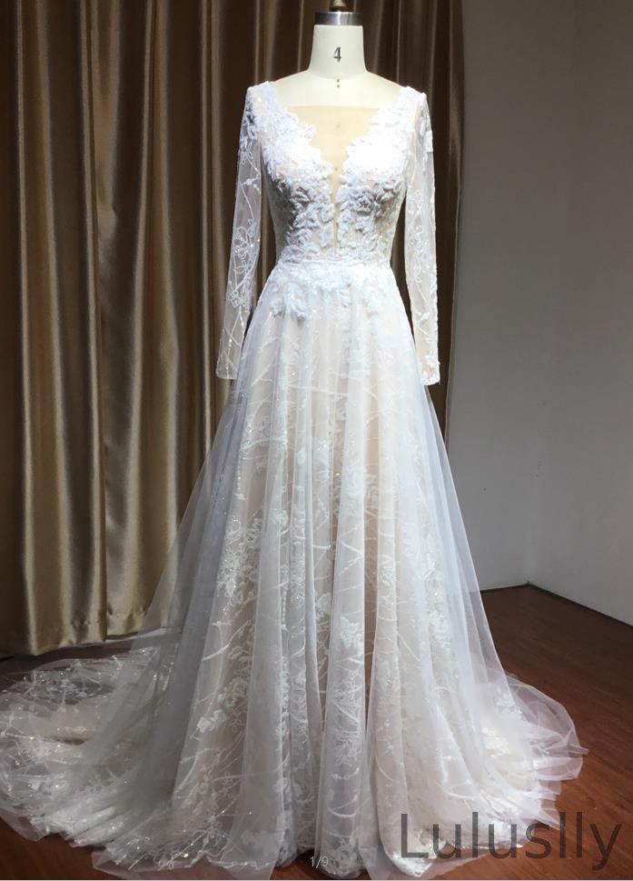 Luluslly Sheer Tulle Long Sleeves Illusion Wedding Dress With Lace