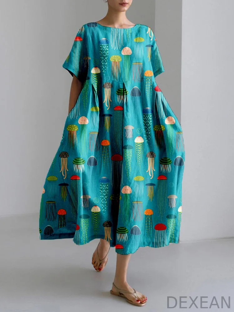 Colorful Jellyfish Art Pattern Linen Blend Maxi Dress