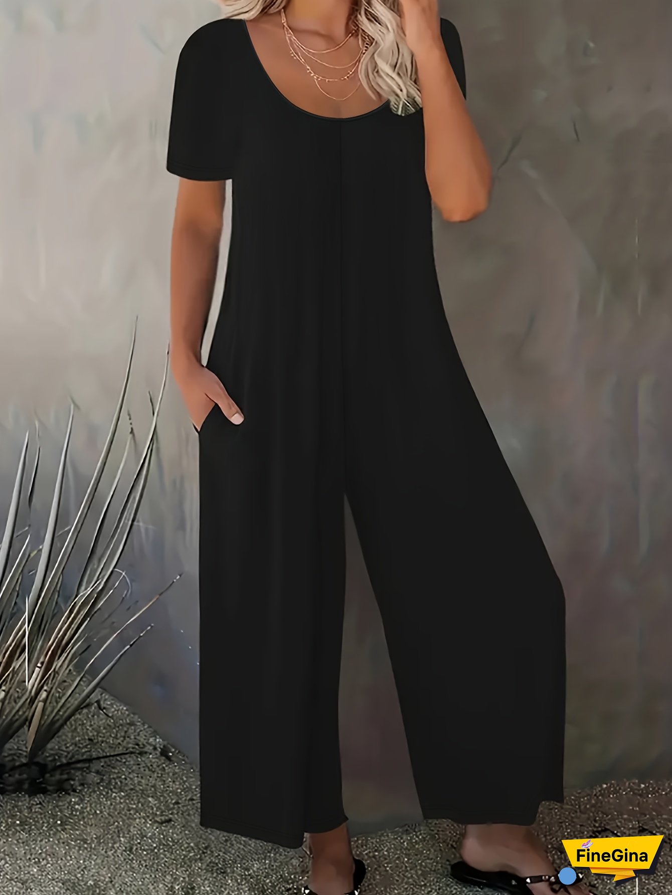 Women's Summer Elegant Jumpsuit - Lightweight Breathable Round Neck Short Sleeve with Wide-Leg Pants, Solid Color Black Casual Vacation & Beachwear, Machine Washable, Summer Outfit, Simple Chic Style, Easycare Fabric