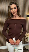 Val Chocolate Brown Faux Button Detail Top