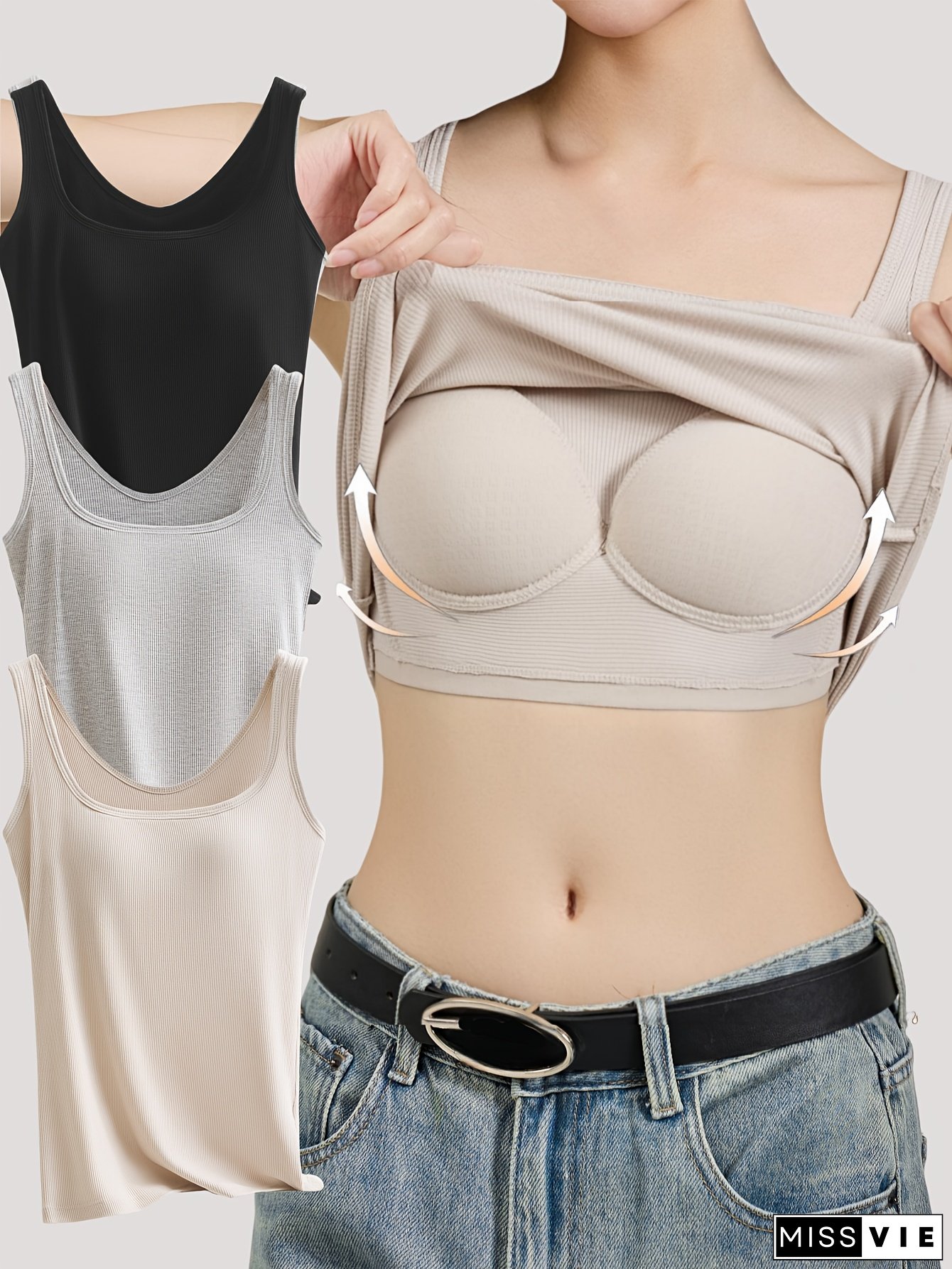 A Set Of Three Women's Simple Solid Color Square Neck Wide Strap Tank Tops, Versatile Ribbed Vests With Built-In Bras That Eliminate The Need For A Separate Bra.