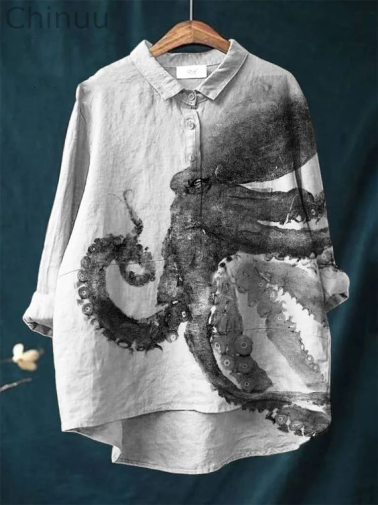 Vintage Japanese Octopus Pattern Art Print Casual Cotton And Linen Shirt