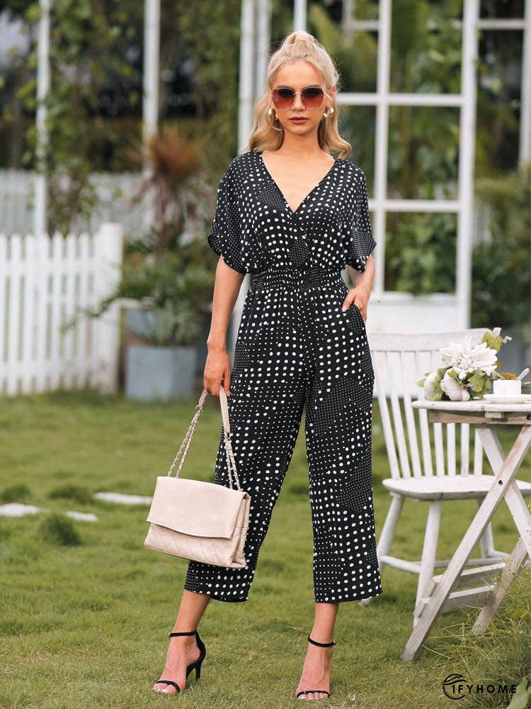 Polka Dot Surplice Neck Jumpsuit with Pockets | IFYHOME