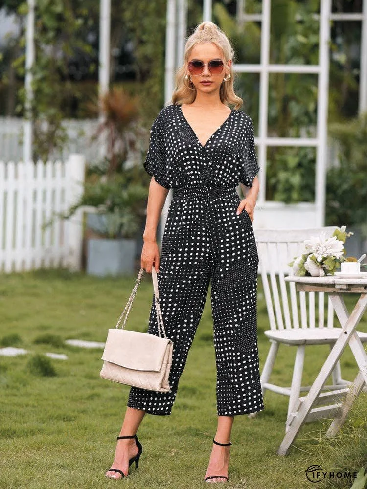 Polka Dot Surplice Neck Jumpsuit with Pockets | IFYHOME