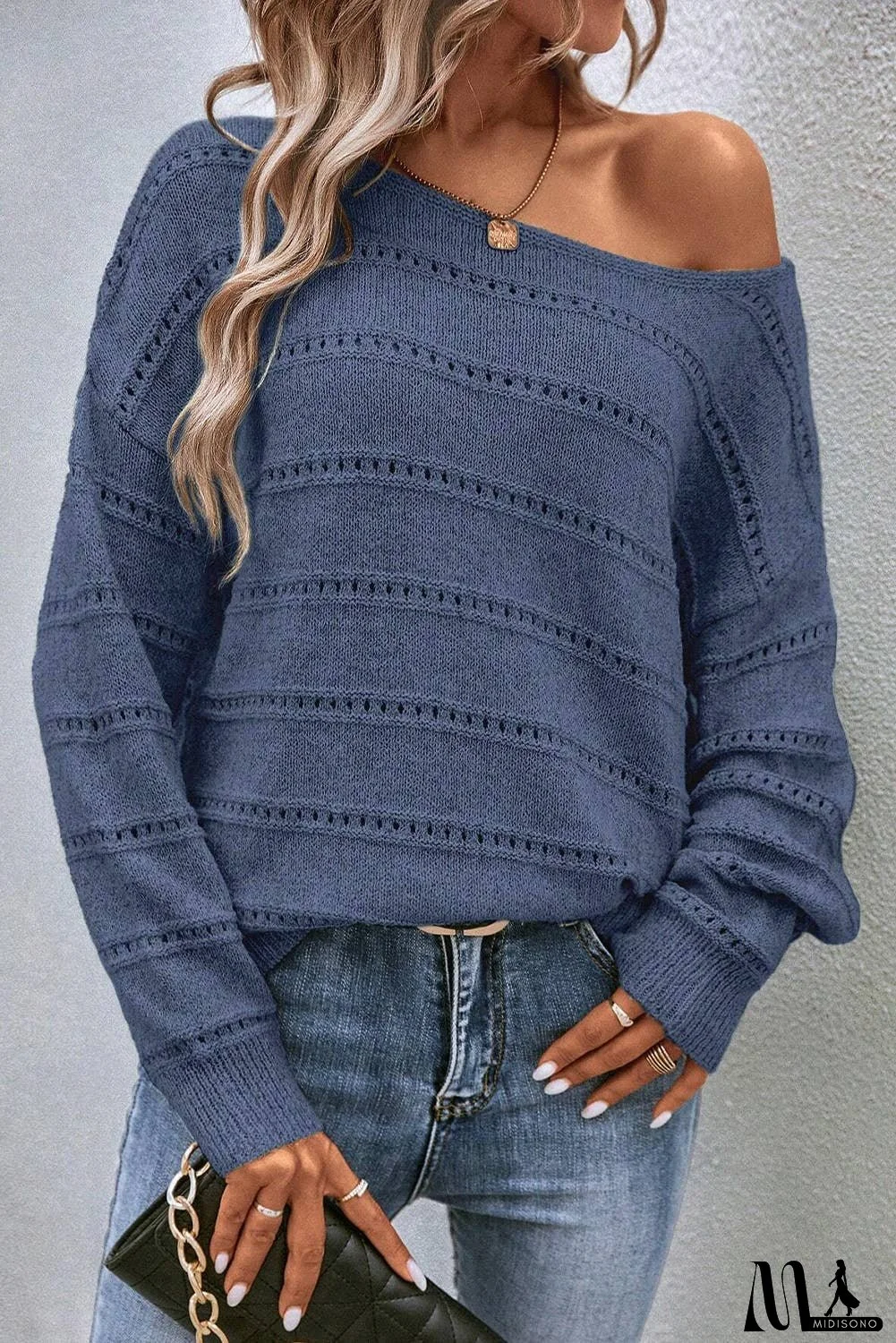 Boat Neck Drop Shoulder Pointelle Knit Sweater