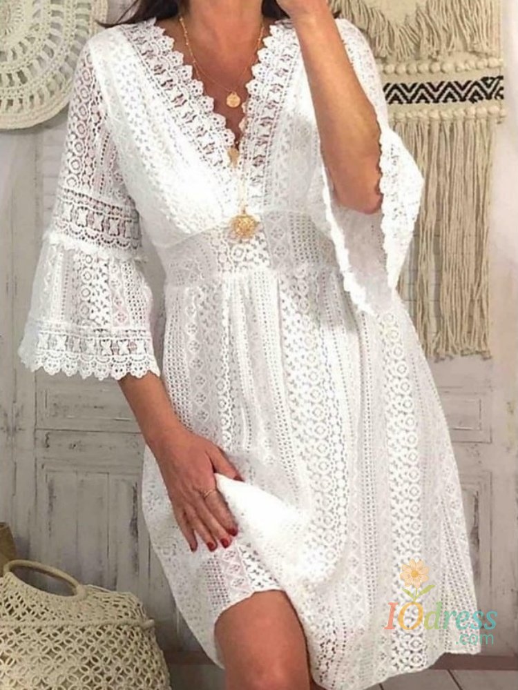 IO Dress High Waist White Women Dresses Elegant Flare Sleeve Vestidos Summer Casual V-neck Hollow Out Lace Dress
