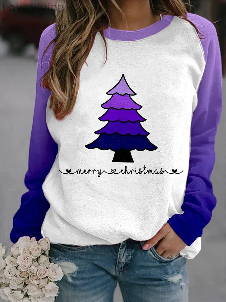 Women's Purple   Christmas TreePrint Sweatshirt