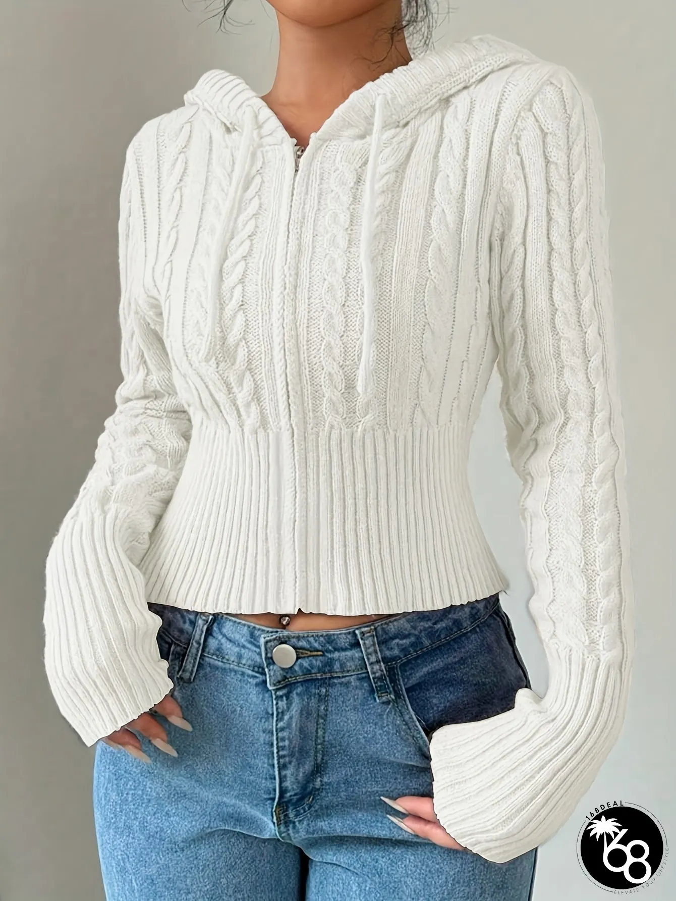 Womens Elegant White Cable Hooded Sweatshirt with Front Zipper Long Sleeve Ribbed Texture | 168DEAL