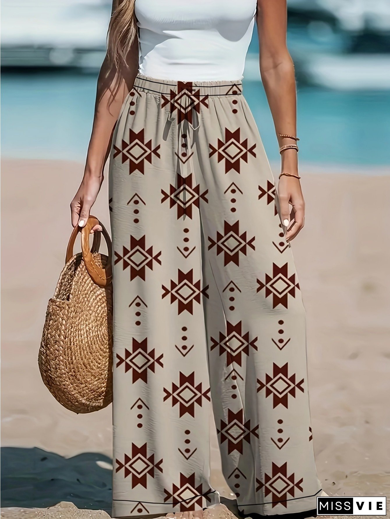 Womens Bohemian Palazzo Pants Wide-leg Trousers with Drawstring Waist Non-Stretchy fabric