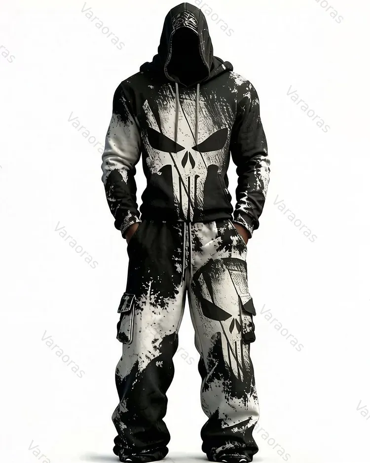 Men's Fashion Skull Contrast Color Embroidered Hoodie & Pants Two-Piece Set 1413
