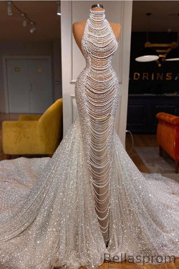 Bellasprom High Neck Mermaid Evening Dress Sleeveless Sequins With Pearls Bellasprom
