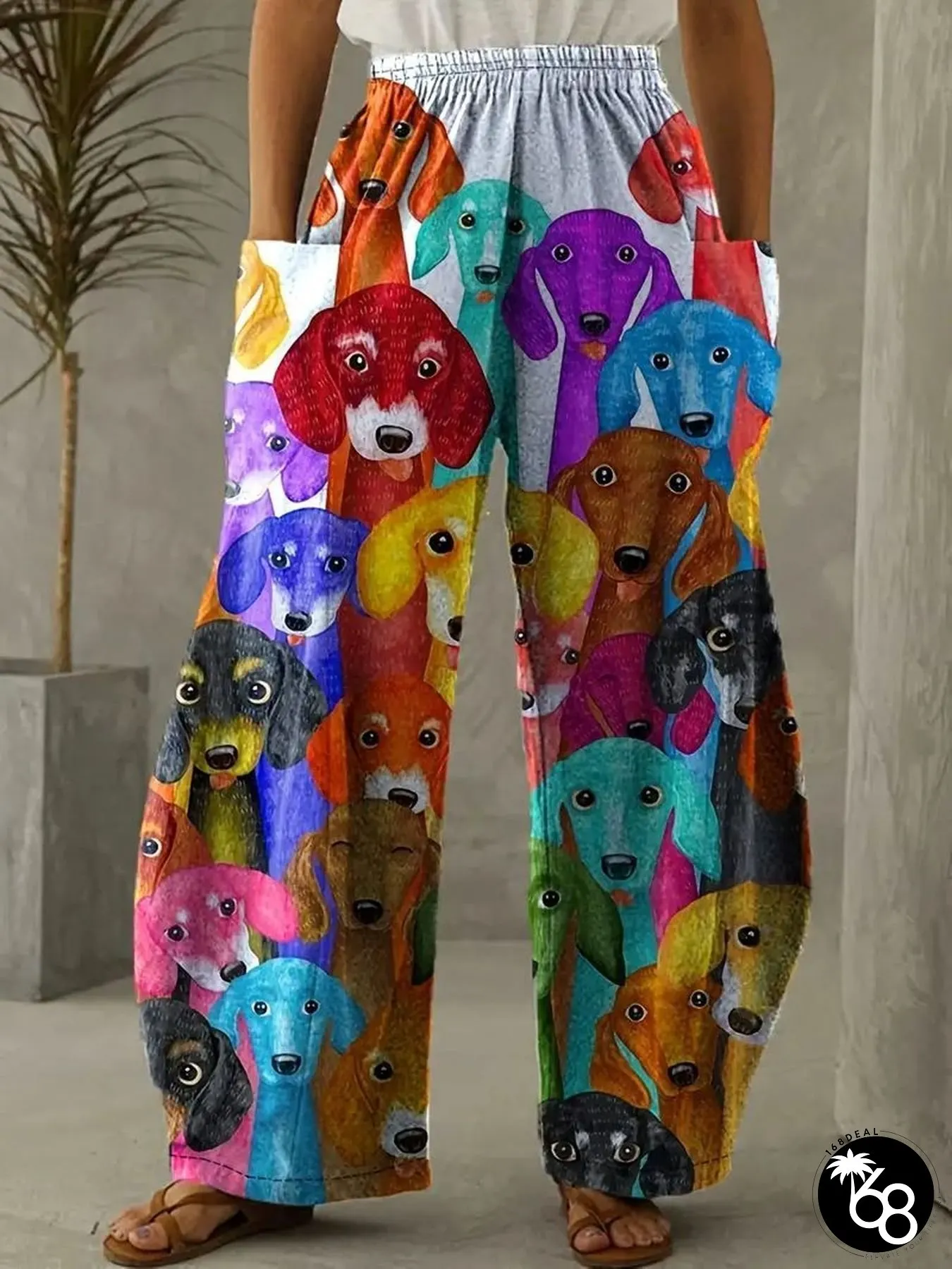 Womens Trendy Dog Print Wide Leg Pants Comfortable Breezy Loose Fit with Dual Pockets | 168DEAL