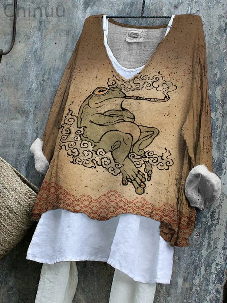 Japanese Art Pipe Frog Vintage Print Flowy Tunic