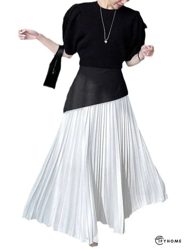 A-Line Loose Contrast Color Pleated Split-Joint Skirts Bottoms | IFYHOME