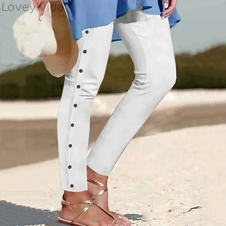 Solid Color Button Casual Pants