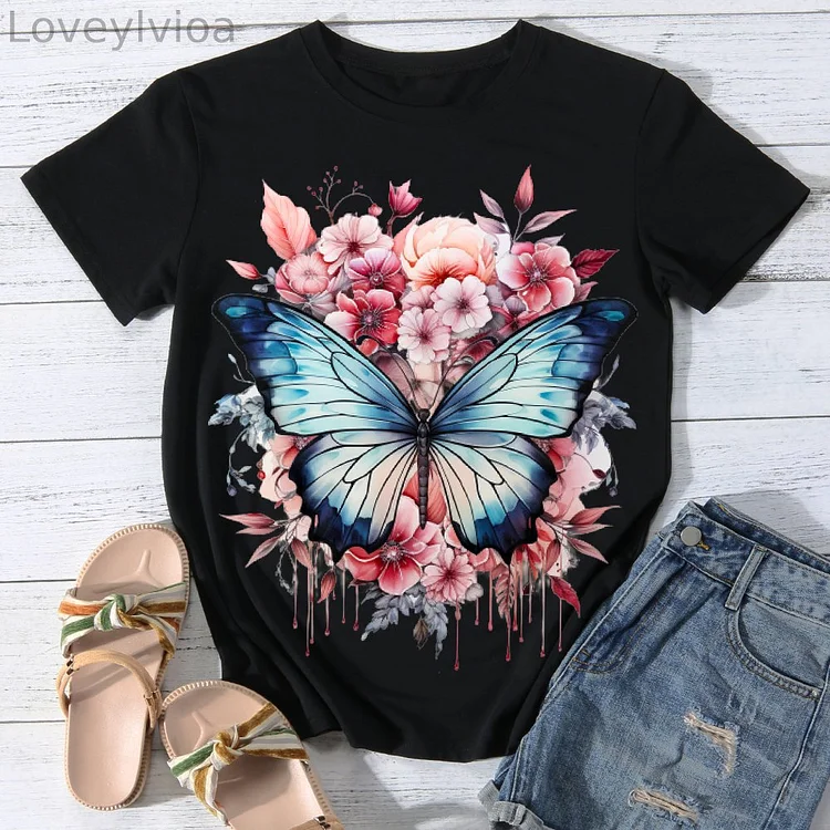 Unfathomable Blossom Butterfly  Women Round Neck T-shirt BSTCA0008