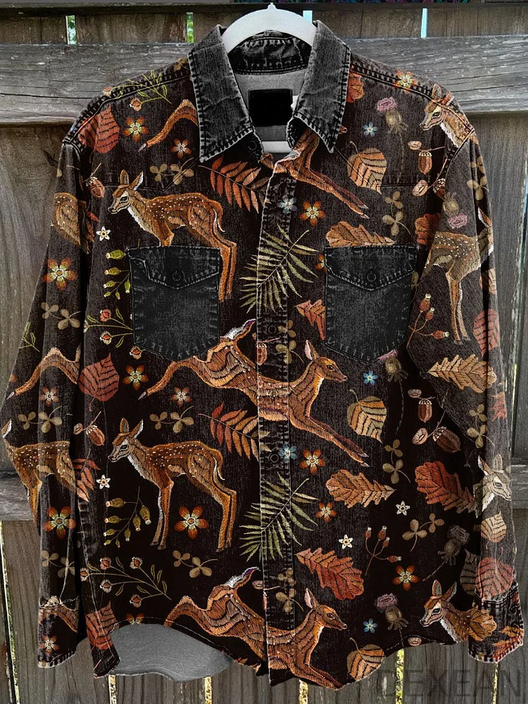 Men's Black Deer Vintage Stripe Print Casual Shirt