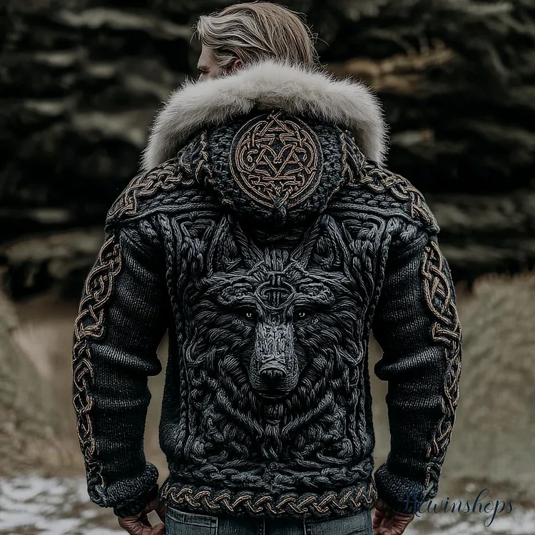 Men's Viking Wolf Celtic Knot Knit Fuzzy Hooded Zipper Cardigan