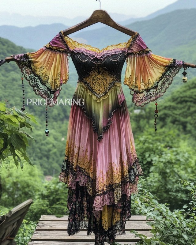 Summer Vacation Ruffle Lace Contrast Color Dress 3c1d