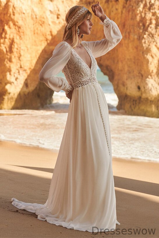 Dresseswow V-Neck Long Sleeves Chiffon Wedding Dress With Lace On Sale
