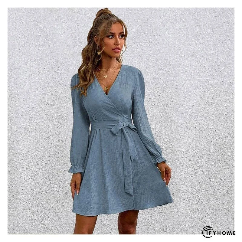 V-Neck Long Sleeves Solid Color Waist Tied Mini Dress | IFYHOME