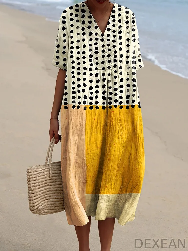 Women's Yellow Color-blocked Dots Watercolor Splash Fluid Art Print Flowy Dress