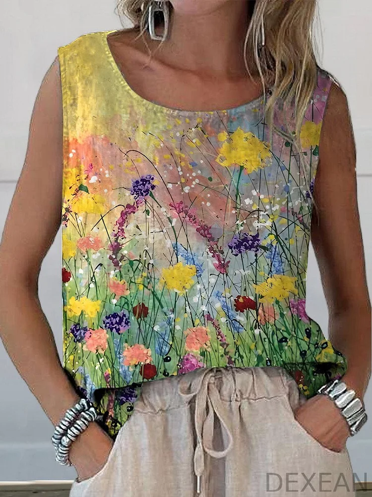 Women's Retro Elegant Floral Art Print Casual Cotton And Linen Tank Top