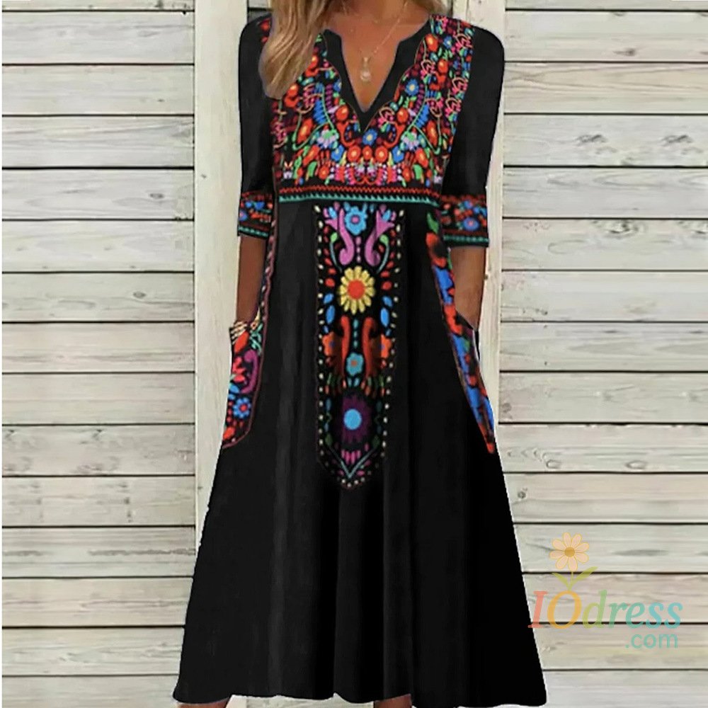 IO Dress Vintage Dresses For Women 2024 Fall Ladies V-neck Pocket Boho Print Seven-quarter Sleeve Dress Fashion Midi Dress Robe  Femme IO Dress