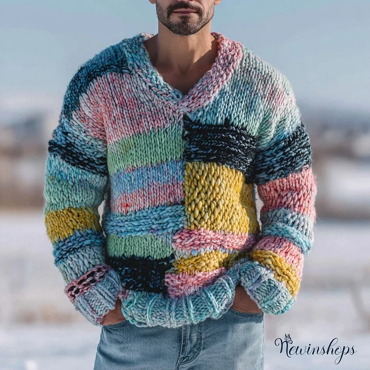 Men's Fair Isle Geometric Color Jacquard Warm V-neck Sweater