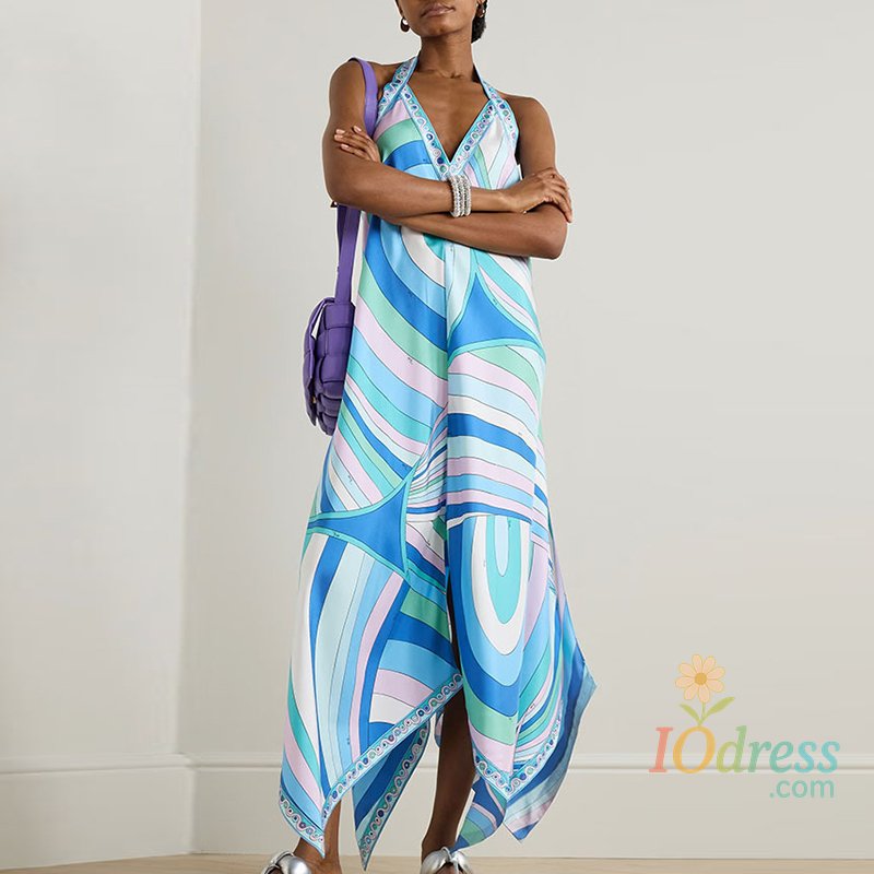 IO Dress Geometric Print Hollow Out Sleeveless Beach Dress Yacht Party Backless Casual Boho Dress 2025 New Halter V Neck Women Long Dress IO Dress