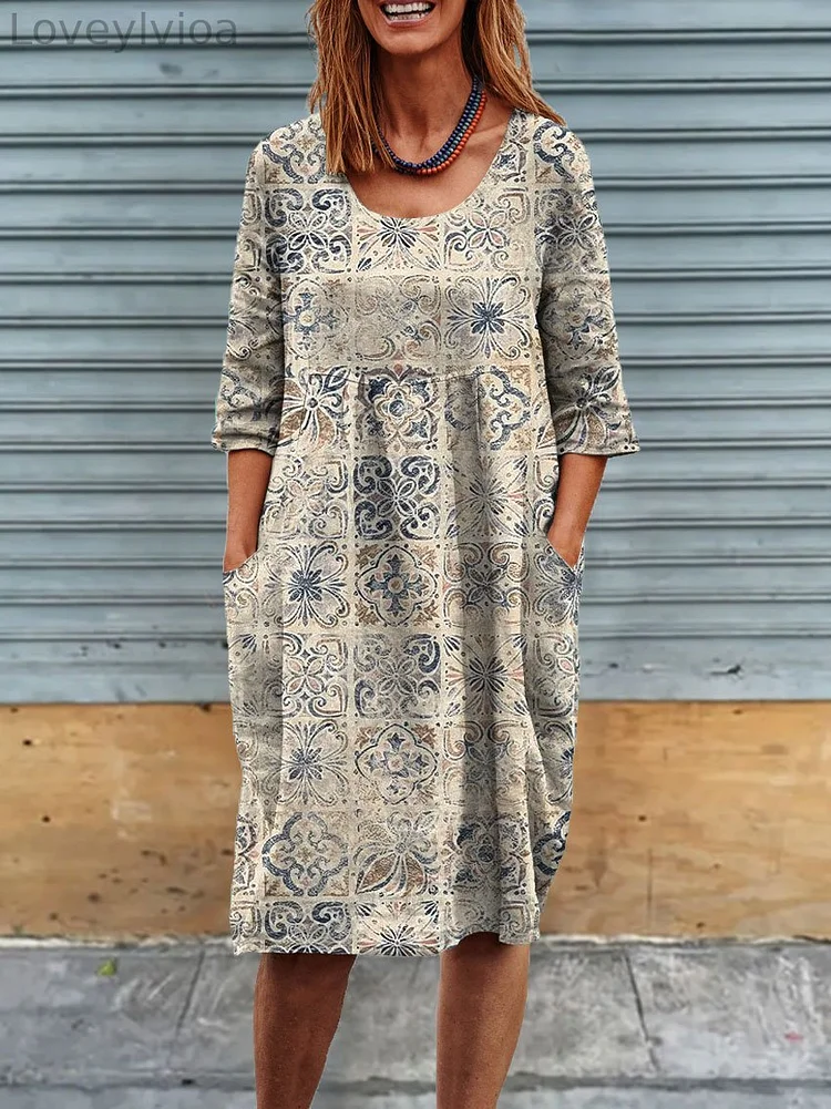 Womens Retro Art Print Linen Pocket Tunic Dress
