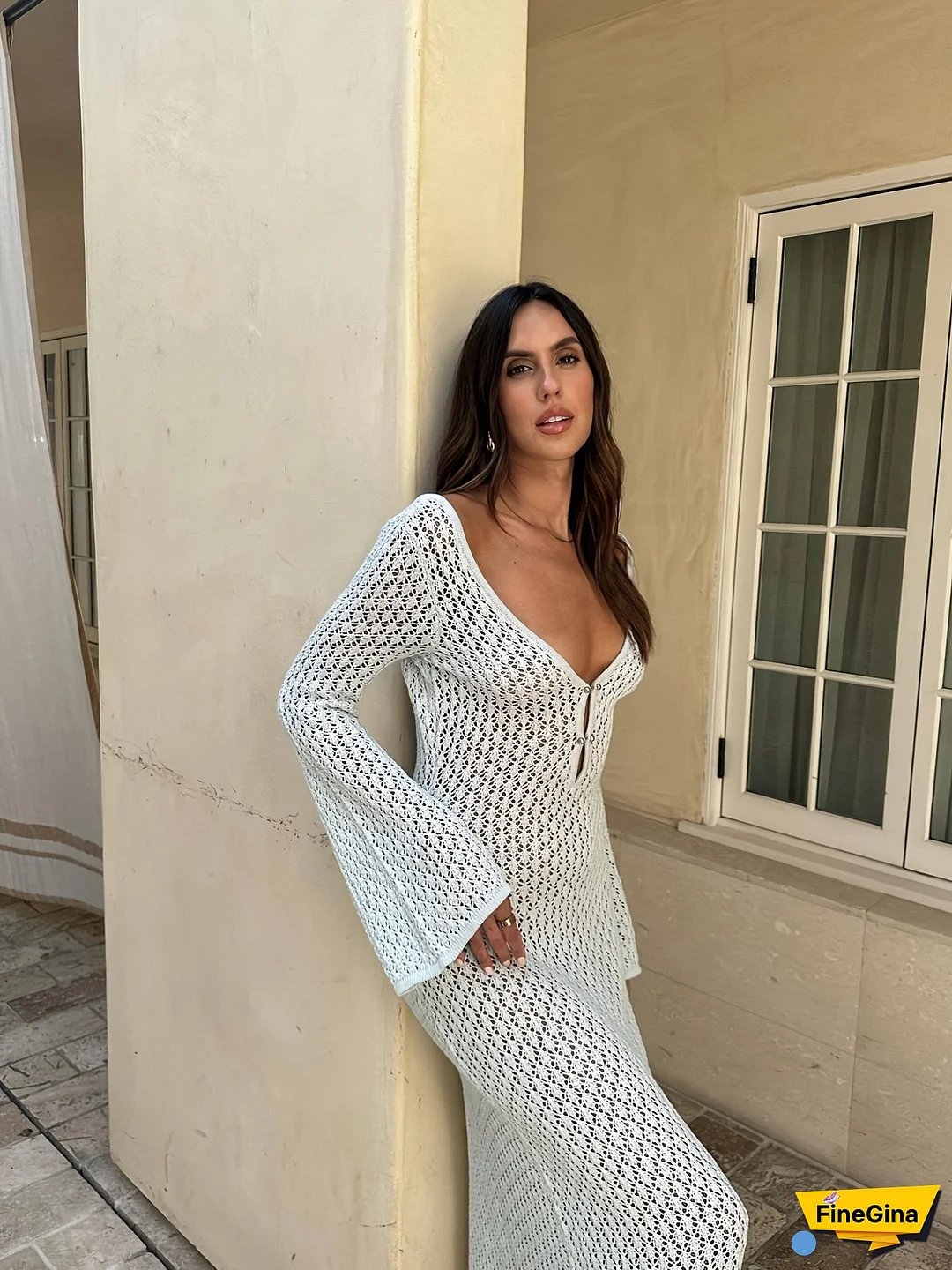 Music Eyes Women's Elegant V-Neck Maxi Dress - Backless Long Beach Bikini Cover-Up With Flared Sleeves, And Cut-Out Design For Spring/Summer/Fall, Beach Coverup|Vneck Dress|Crocheted Detailing