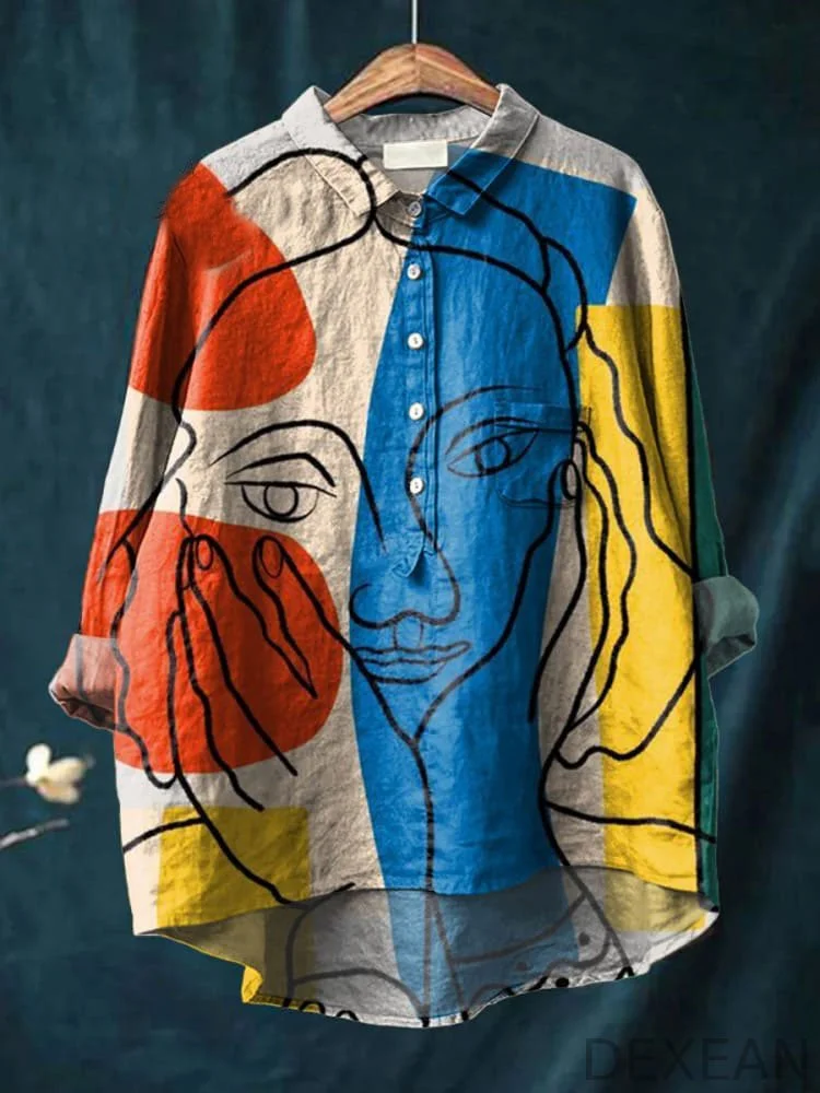Women's Abstract Art Beautiful Girl Avatar Print Casual Cotton And Linen Shirt