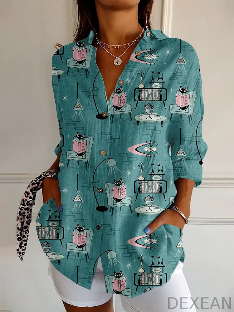Women's Medieval Cat Abstract Print Casual Long Sleeve Shirt