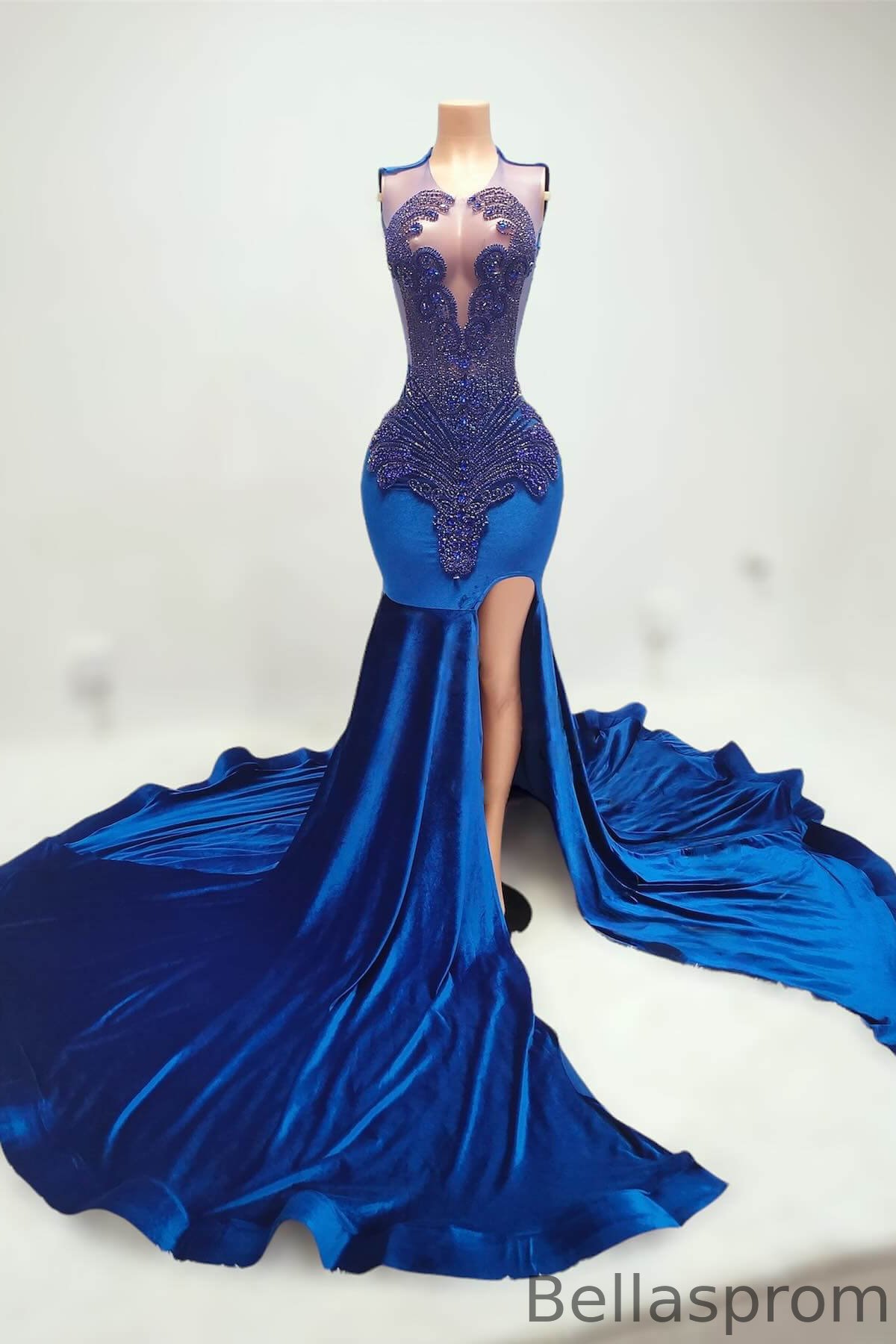 Bellasprom Royal Blue Scoop Sleeveless Mermaid Prom Dress With Split Beadings Bellasprom