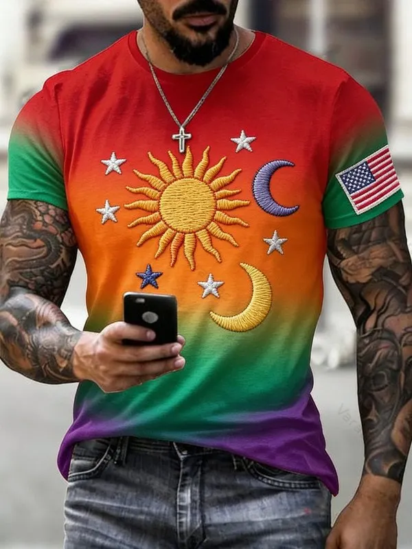 Men's Spring Style Star and Moon Print Embroidered Casual Fashion Linen Short-Sleeve Top 5096