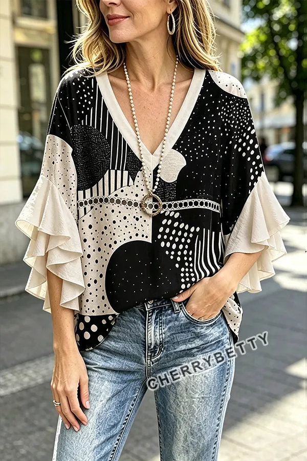 トップス room306 Random Dot Volume Tops CHERRYBETTY Mixed Polka Dot Print Hollow Out Ruffle Sleeve Top
