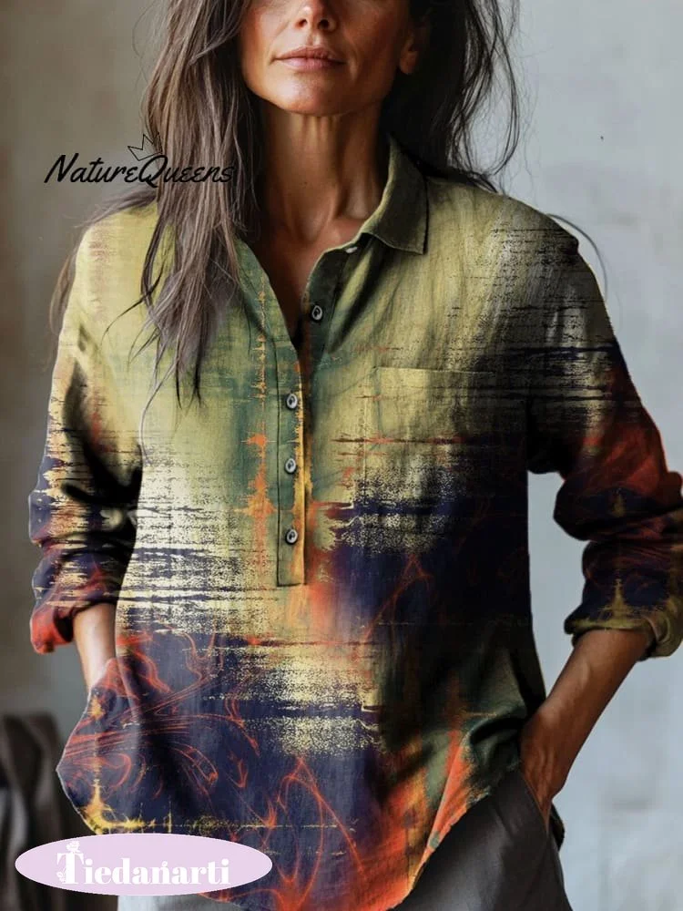 Women's Retro Strong Color Art Print Casual Cotton And Linen Shirt