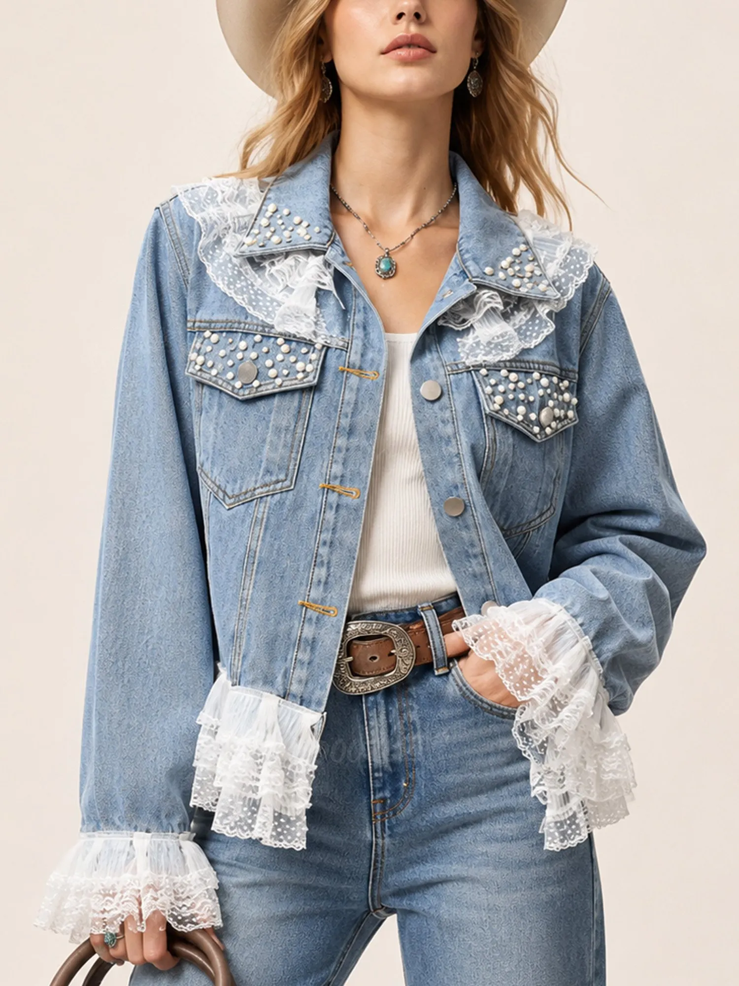 Perfect for a Country Music Festival &mdash; Light Wash Pearl Beaded Ruffle Lace Trim Cotton Denim Jacket