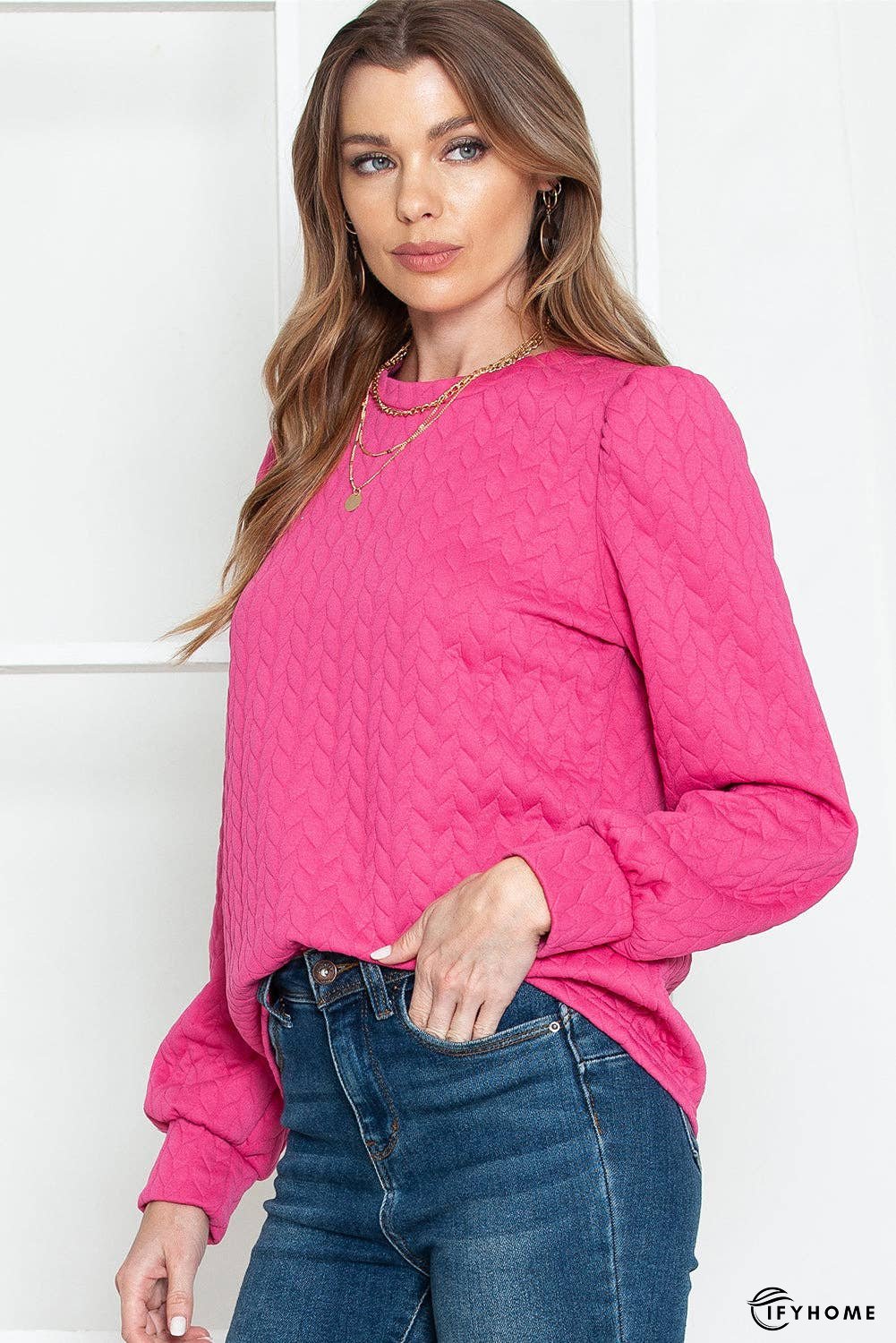 Rosy Waffle Quilted Puff Sleeve Sweatshirt | IFYHOME