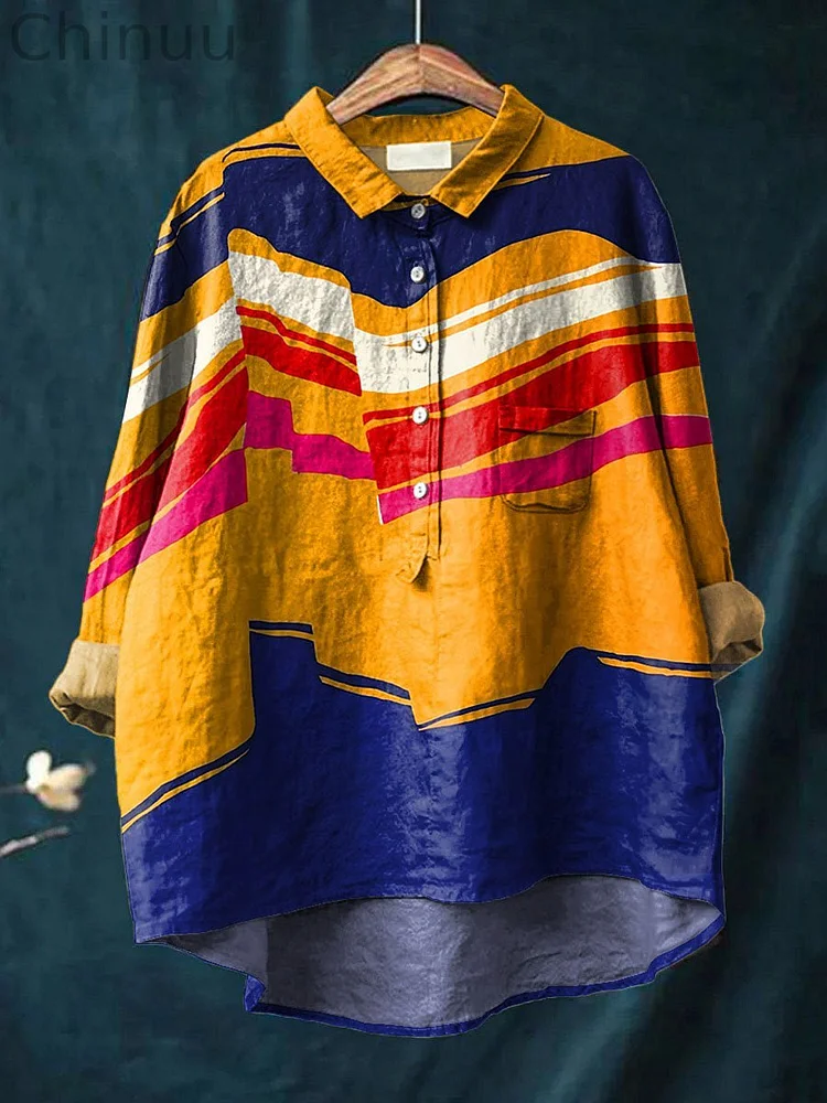 Irregular Abstract Pattern Printed Women's Casual Cotton And Linen Shirt